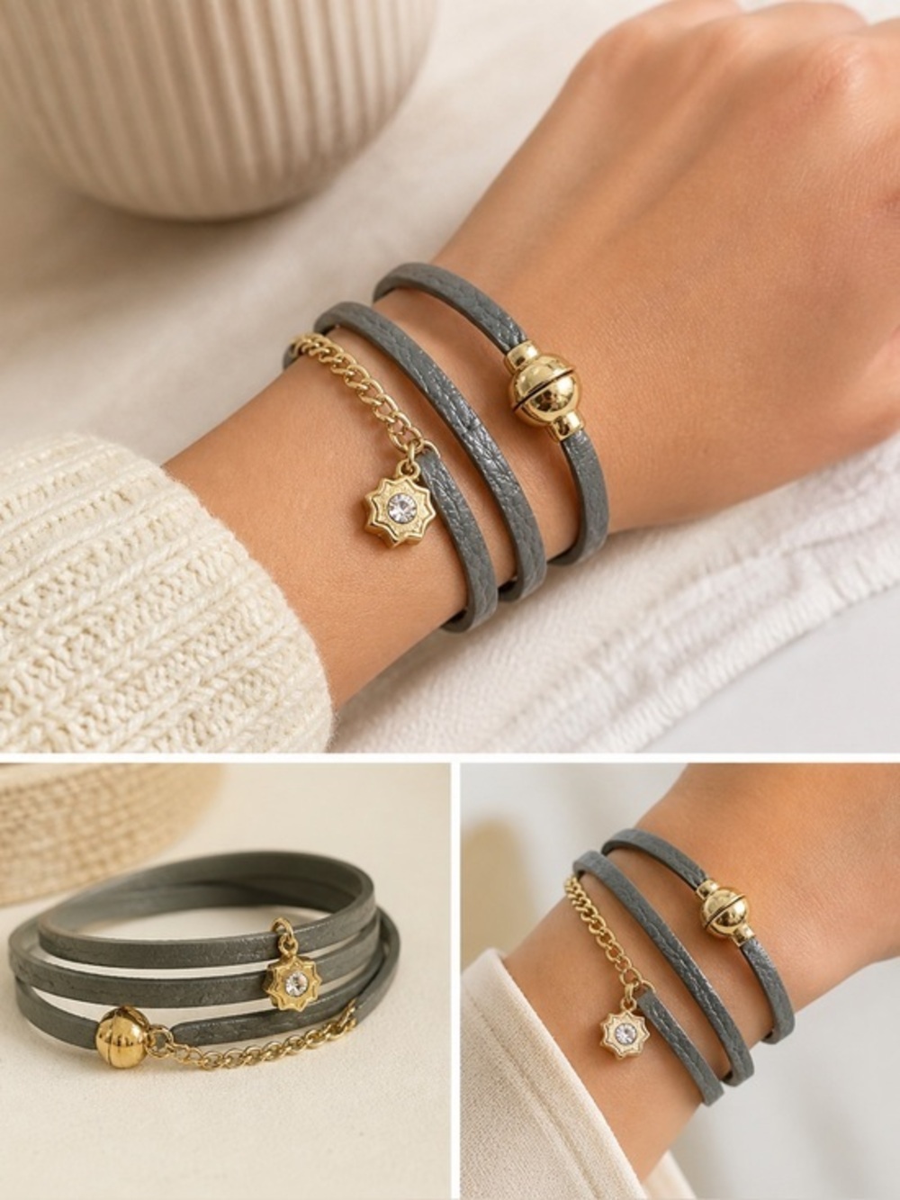 Foxy Gray Leather Wrap Bracelet Gold Charm Magnetic Closure